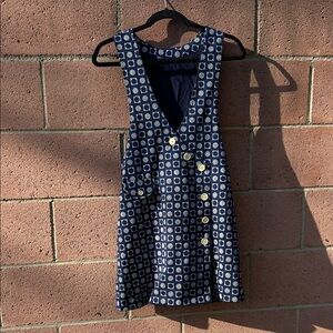 Perfect Vintage Navy Blue & White Polka Dot Mini Pinafore Jumper Smock Dress